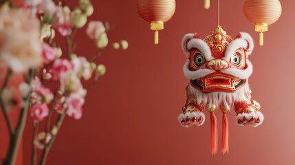 Obraz premium A red and white dragon is hanging from a red background