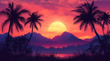 Vibrant sunset over tropical mountains, palm trees silhouetted. Ideal for travel, vacation, or relaxation themed projects.