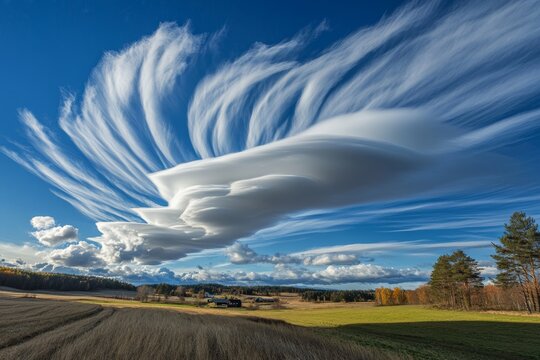 Dramatic lenticular clouds over autumnal landscape.
