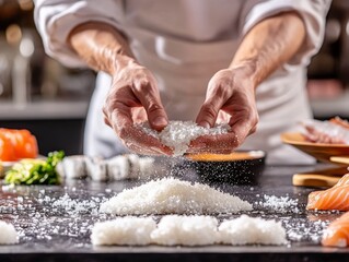Sushi preparation with rice. Featuring a chef shaping sushi rice. Highlighting the artistry and technique in sushi making. Ideal for culinary and food preparation visuals.
