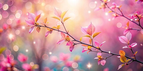 Obraz premium Beautiful Pink Spring Leaves Background with Bokeh Effect for Nature Lovers and Seasonal Decor, Ideal for Websites, Blogs, and Print Designs, Capturing the Essence of Springtime Beauty