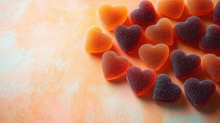 Heart-shaped candies on orange background