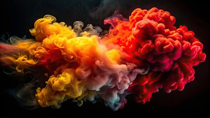 Obraz premium Billowing Red and Yellow Smoke on Black Background - Vibrant Colorful Smoke Art, Abstract Smoke Patterns, Dramatic Visuals, Artistic Photography, Smoke Effects for Creative Projects
