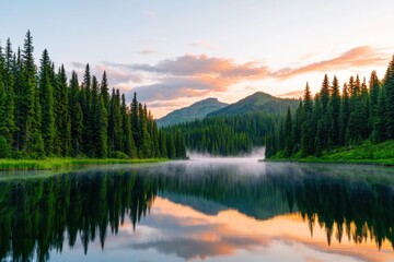 Serene Mountain Lake at Sunrise with Misty Reflections