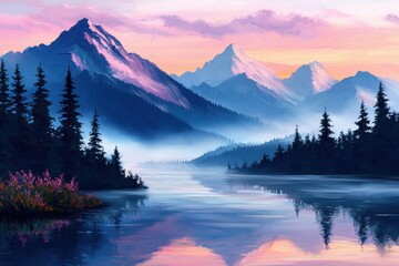 Serene Mountain Lake at Sunrise with Misty Reflections