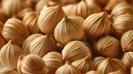 Fototapeta premium Dried palm fruits close-up, textured background, craft supply