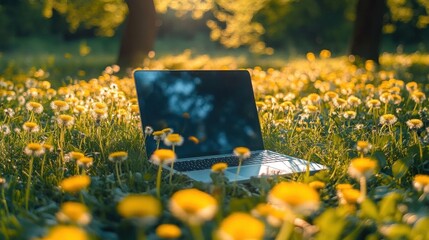 Laptop in Nature Field for Work Life Balance and Digital Detox