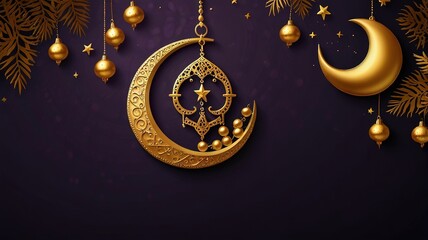 Ramadan moon decor with Islamic rosary beads and dates fruit.
