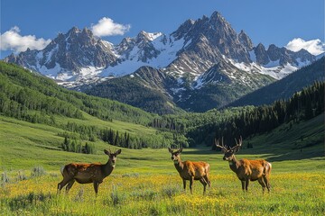 Naklejka premium Serene High-Altitude Meadow Landscape with Peaceful Grazing Deer Surrounded by Nature's Beauty and Tranquility in the Wilderness
