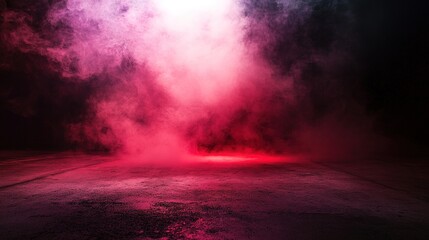 Dark Empty Room with Concrete Floor, Illuminated by Neon Red Light and Filled with Smoke, Creating a Mysterious and Atmospheric Setting