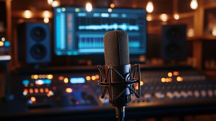 Professional microphone in a recording studio with sound equipment and monitors in the background during a creative session