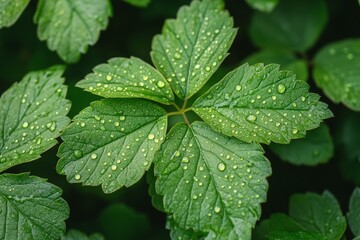 Sparkling Raindrops on Lush Green Leaves - A Magnificent Close-up of Nature's Refreshing Elegance After Rain