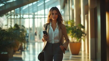 Fototapeta premium A beautiful businesswoman walks confidently down the hallway of a corporate building, holding a phone in one hand.
