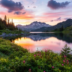 Serene Mountain Lake Sunset Landscape