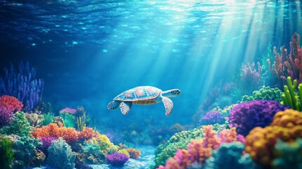 Fototapeta premium A close-up of an underwater scene with coral reefs and sea turtles, captured in high definition photography style.