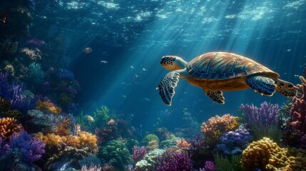Obraz premium A close-up of an underwater scene with coral reefs and sea turtles, captured in high definition photography style.