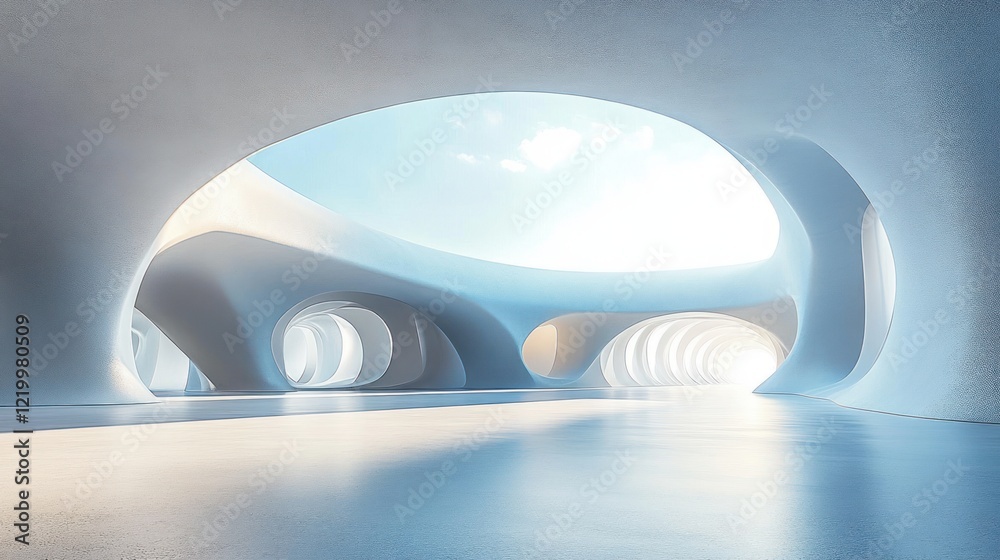 Poster modern abstract futuristic architecture with smooth white curves and bright natural lighting in a mi