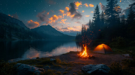Fototapeta premium Spring camping, campfires, tents, this scene captures the essence of outdoor adventure and relaxation, creating a perfect blend of warmth and tranquility during the renewed season.
