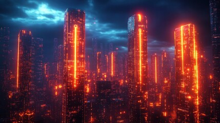 Fototapeta premium Cybersecurity Enhanced Futuristic Cityscape at Dusk with Skyscrapers and Neon Lights