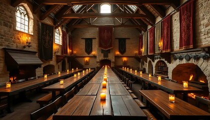 Medieval Great Hall with Long Tables and Candles