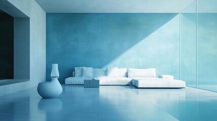 Serene Minimalist Living Room with Calming Blue Wall, Inviting Space for Relaxation and Contemplation