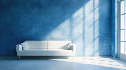 Serene Minimalist Living Room with Calming Blue Wall, Inviting Space for Relaxation and Contemplation