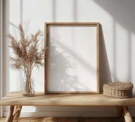 Minimalist Scandinavian Interior with Wooden Table and Blank Frame
