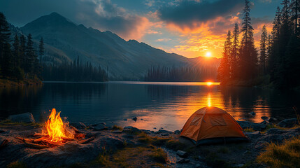 Spring camping, campfires, tents, this scene captures the essence of outdoor adventure and relaxation, creating a perfect blend of warmth and tranquility during the renewed season.