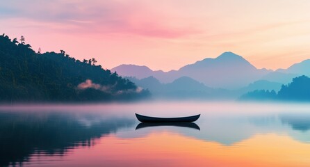 Serene Sunrise over Misty Lake with a Lone Boat