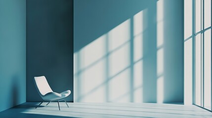 Serene Minimalist Living Room with Calming Blue Wall, Inviting Space for Relaxation and Contemplation