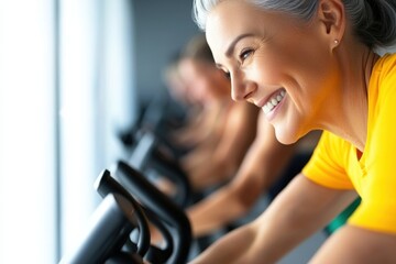 Obraz premium Woman exercising on a stationary bike in a home gym setting for fitness and health