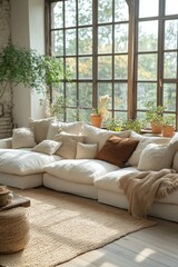Obraz premium Cozy Scandinavian Living Room with Natural Light, Soft Textures, Greenery and Minimalist Design