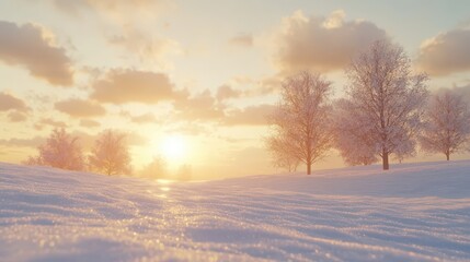 A snowy field with a sun setting in the background