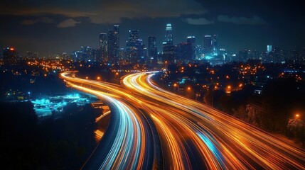 Futuristic Urban Skyline Night View with Light Trails and Smart City Technology