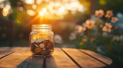 A glass jar filled with coins sits on an old wooden table, against the backdrop of a blurred garden at sunset.
