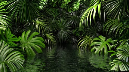 Lush Tropical Jungle with Green Foliage and Calm Water Reflections Under Soft Natural Light