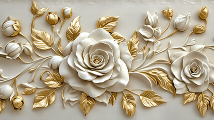 The classic sophistication of white and gold rose stucco reliefs, adorned with detailed petals and lush foliage, emanates an everlasting sense of elegance and beauty. Eternal Dawn. Illustration