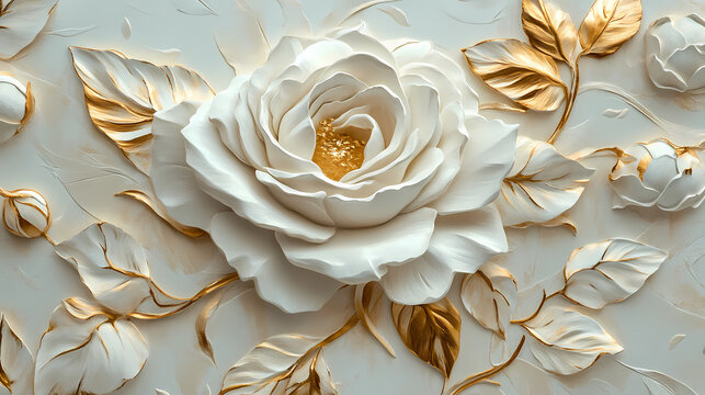The classic sophistication of white and gold rose stucco reliefs, adorned with detailed petals and lush foliage, emanates an everlasting sense of elegance and beauty. Eternal Dawn. Illustration