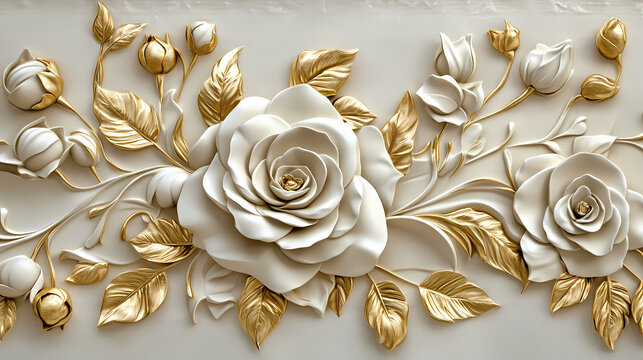 The classic sophistication of white and gold rose stucco reliefs, adorned with detailed petals and lush foliage, emanates an everlasting sense of elegance and beauty. Eternal Dawn. Illustration