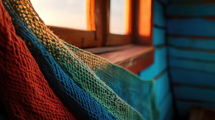 Sunset Knitted Blanket Window Sill Cozy Cabin