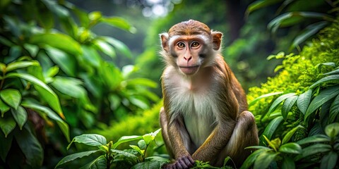 Fototapeta premium Drone View Monkey Sitting Ground Copy Space - Wildlife Photography, Animal Photo, Nature Image, Aerial View