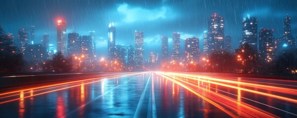 Futuristic Cyberpunk City Skyline Neon Lights Background for Digital Communication Coding and AI Technology