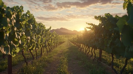 Naklejka premium Serene Vineyard Landscape at Sunset with Lush Green Grapevines and Rolling Hills in Background