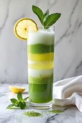 Fototapeta premium A vibrant layered drink with lemon and mint, showcasing a refreshing beverage presentation.