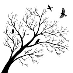 Tree branch silhouette with birds vector illustration.
