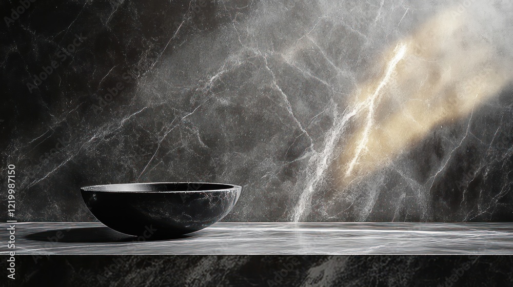 Poster minimalist studio for product presentation with black marble table and dark background