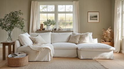 A beautiful, well-kept sofa in a cozy living room with soft textures and natural light.