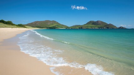 Obraz premium A bright sandy beach with turquoise waves gently lapping at the shore under a clear blue sky.