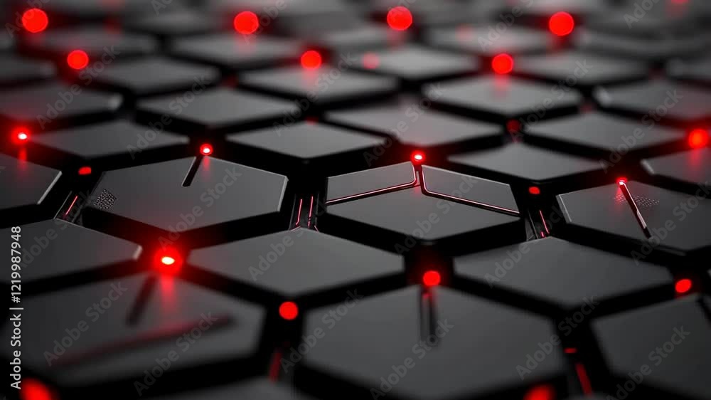 Poster exploring the mesmerizing patterns of glowing hexagons in a futuristic landscape of light and techno