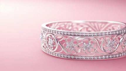 A close-up of a diamond bracelet with intricate design, set against a pastel pink background.